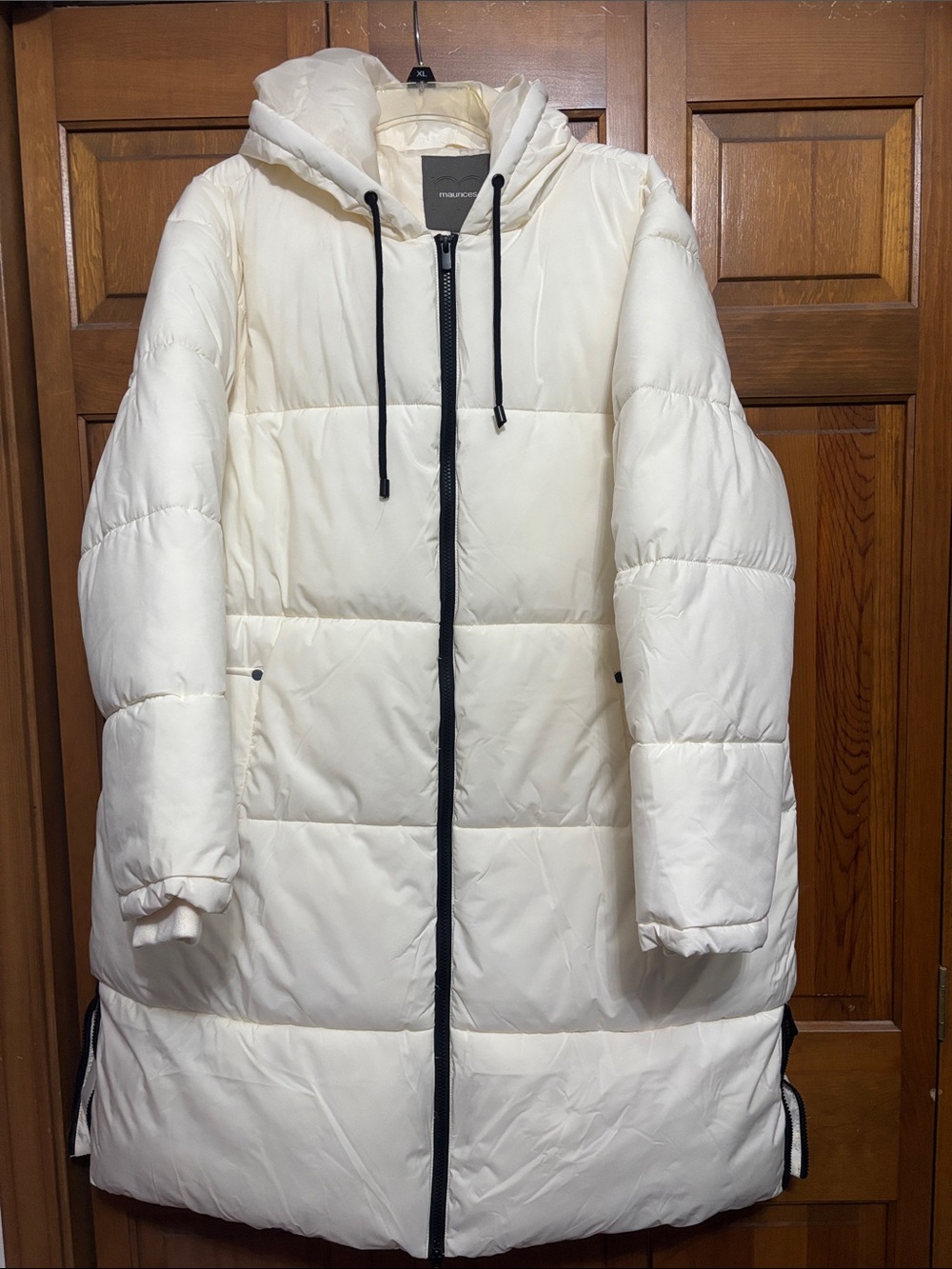 Maurices White/Cream Hooded Long Puffer Coat with Black Trim